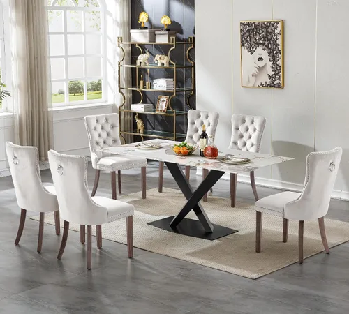 Vista 36 de Juego de 5 mesas de comedor, juego de mesa de cocina y comedor para 4, mesa de cocina rectangular de mármol sintético blanco de 47 pulgadas con base