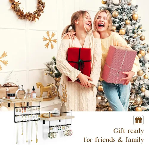 Vista 7 de Lolalet Organizador de joyas colgante con montaje en pared con ganchos para aretes, pulseras y collares - Instalación fácil, soporte de joyería