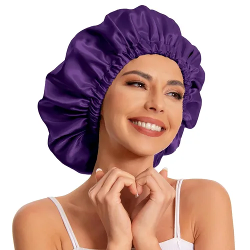 Vista 19 de Gorro de satén de seda para dormir, gorro de satén para dormir, gorro de satén para dormir para cabello natural y rizado (negro y verde negruzco)