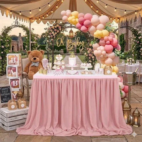 Vista 12 de QueenDream Falda de mesa de gasa azul bebé de 6 pies para mesa rectangular, mantel transparente para baby shower, boda, cumpleaños, fiesta temática