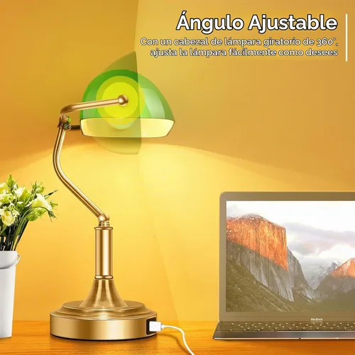 Vista 2 de Lámpara de banqueros con 2 puertos USB, control táctil, lámpara de escritorio de vidrio verde con base de latón, lámpara de escritorio vintage
