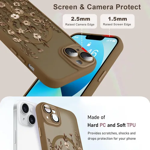Vista 5 de Funda magnética para iPhone 13 con protector de pantalla [compatible con MagSafe], diseño de patrón floral de flores, a prueba de golpes, para Marrón