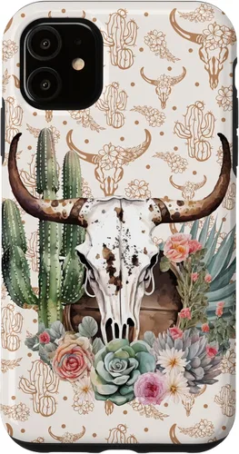Vista 8 de Western Boho Chic Longhorn Bull Skull Cactus Beige Pattern Case for iPhone 17