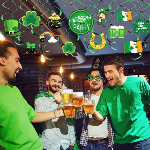 Vista 5 de 30 piezas de decoración colgante del día de San Patricio, trébol irlandés de la suerte, trébol, duende, herradura, letrero de papel de aluminio