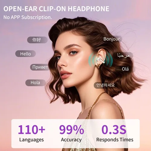 Vista 2 de Auriculares de traducción AI impulsados por ChatGPT, traductor en tiempo real 3 en 1 con clip (más de 165 idiomas) Audífonos inteligentes