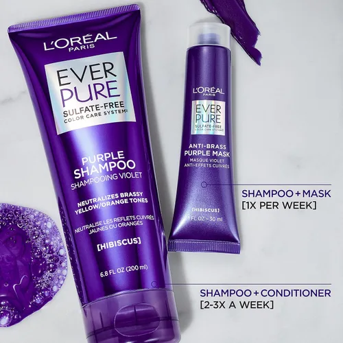 Vista 5 de Champú morada Ever Pure de L'Oréal Paris para el cuidado del cabello y tonificación de cabello rubio, libre de sulfato.