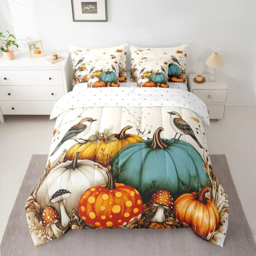 Vista 2 de Feelyou Fall Pumpkin Comforter Set with Sheets 7 Piece Twin Size Autumn Bed in a Bag Kids Boys Girls Pumpkin Maple Leaf Bedding Set Hummingbird Beig