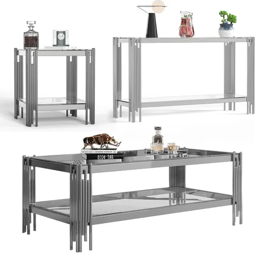 Vista 22 de Mesa auxiliar rectangular de vidrio de 48 pulgadas, mesa de centro de 2 niveles con parte superior de vidrio templado negro, patas de acero