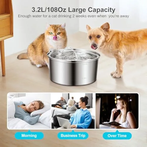 Vista 6 de Pawira - Fuente de agua para gatos, fuente para gatos Pawira de 3.2L/7 L, fuente de agua de acero inoxidable súper silenciosa para gatos pequeños