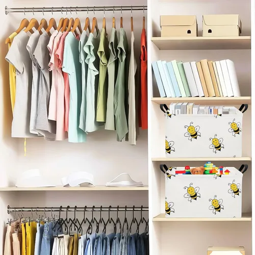 Vista 4 de Contenedor de almacenamiento rectangular de tela, cesta plegable de impresión de abeja