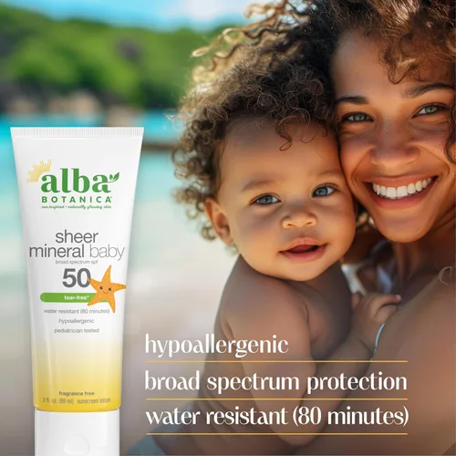 Vista 6 de Alba Botanica Protector solar para bebé para cara y cuerpo, loción de protección solar mineral transparente, SPF 50 de amplio espectro, resistente