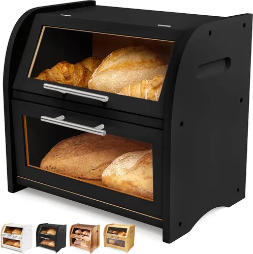 Vista 10 de Arise - Elegante caja de pan de acacia para encimera de cocina, contenedor de almacenamiento de pan de madera extra grande de 2 estantes