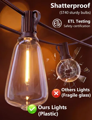 Vista 8 de Guirnalda de luces LED ST40 de 20 pies, luces vintage Edison para patio con 22 bombillas inastillables, luces colgantes impermeables para Marrón