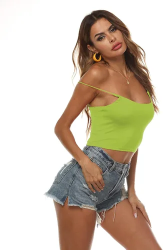 Vista 55 de Amilia - Camiseta básica de tirantes delgados para mujer (doble capa)