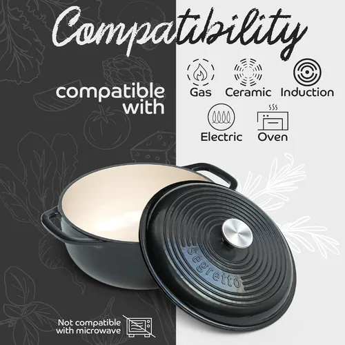 Vista 5 de Segretto Cookware Horno Holandés de Hierro Fundido Esmaltado, 6 Cuartos, Negro negro (Nero)