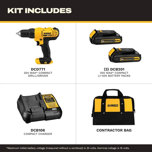 Vista 2 de DEWALT Juego de Taladro Atornillador Inalámbrico de 20V Max, 2 Velocidades, Motor de Alto Rendimiento, Incluye 2 Baterías de Iones de Litio XR