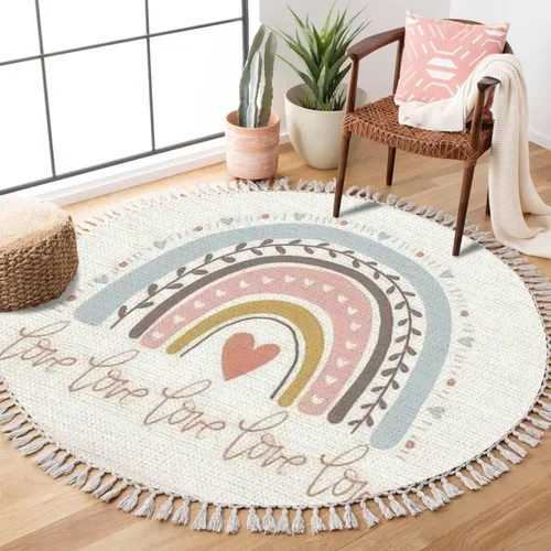 Vista 11 de Alfombra redonda bohemia para niños, dibujada a mano sin costuras con arco iris rosa pastel, alfombra de verano para bebé, alfombra de lino, Multi3