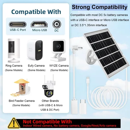 Vista 2 de Cargador de panel solar de 8 W para cámaras de seguridad al aire libre, con Micro USB/USB-C y puerto DC (35 x 135), se ajusta a