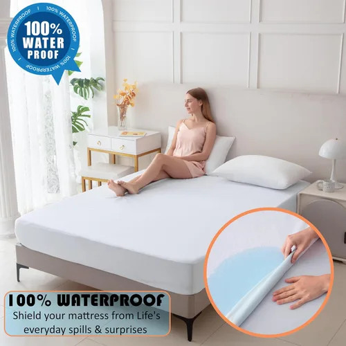 Vista 2 de Protector de colchón de rizo de algodón de alta calidad, 100% impermeable, ultrasuave y transpirable, funda de cama refrescante sin ruido, lavable a