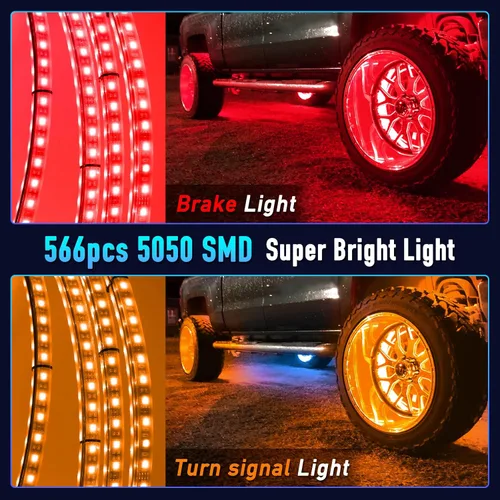 Vista 4 de Juego de 4 luces LED RGB de 17 pulgadas para anillo de rueda, control Bluetooth, señal de giro y función de frenado (doble cara)