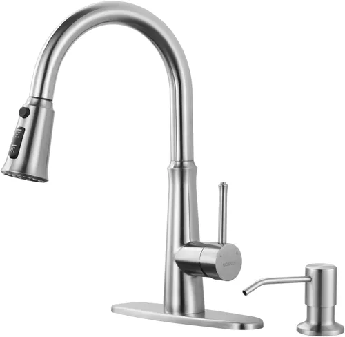 Vista 12 de WOWOW Grifos de cocina negro mate con rociador extraíble, grifo de fregadero de cocina de acero inoxidable para fregaderos de 1 o 3 agujeros, grifo