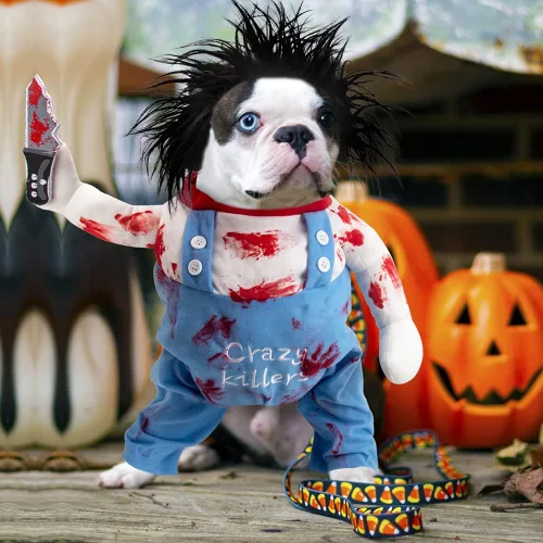 Vista 6 de Ropa de perro asesino, disfraz de perro, disfraces de Halloween para perros, disfraz ajustable de cosplay para perros, divertida peluca de muñeca