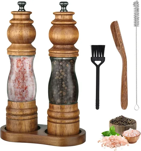 Vista 9 de Juego de molinillo de sal y pimienta de madera, molinillo de pimienta manual de 8 pulgadas Adjustable Coarseness Refillable Ceramic Core Grinder
