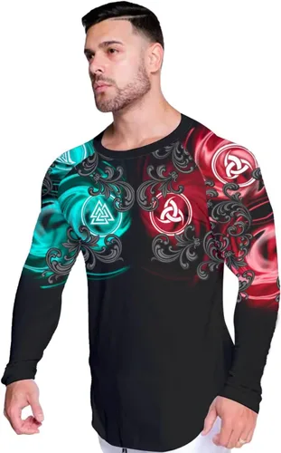 Vista 4 de Camisa de compresión azteca de manga larga de capa base Skins Performance Fit Rash Guard MMA BJJ tela elástica