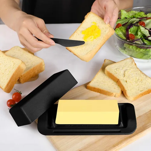 Vista 7 de Mantequillera de bambú con tapa y cuchillo, pequeño recipiente para mantequilla para un palo de mantequilla, recipiente para mantequilla