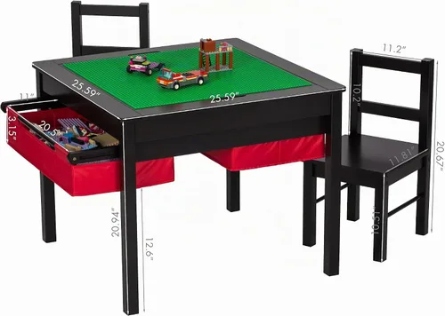 Vista 7 de UTEX - Juego de mesa de construcción para niños 2 en 1 de madera con dos sillas y cajones de almacenamiento, y placa empotrada compatible