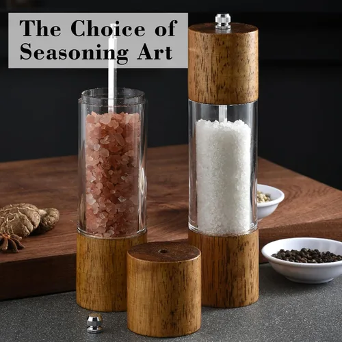 Vista 5 de Molinillo de sal y pimienta de acrílico y madera, 2 unidades, molinillo ajustable 2-pack, Wooden Pepper Grinder, Durable Ceramic Grinder