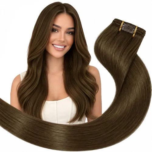 Vista 26 de Ve Sunny Extensiones de cabello humano real con clip balayage, color marrón castaño degradado a rubio, 12 pulgadas, 5 unidades, 2.82 onzas
