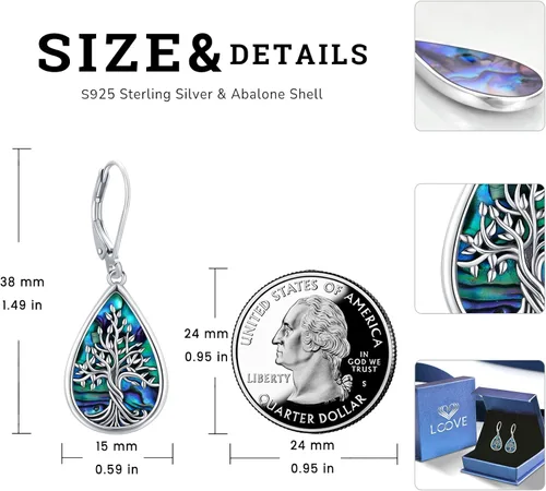 Vista 207 de Aretes colgantes de plata de ley con diseño de árbol de la vida, flor, abeja, animales, gato, colibrí, piedra lunar, turquesa, aretes con cierre