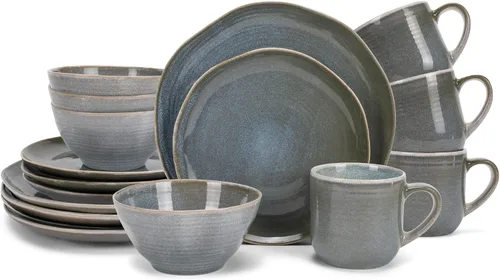 Vista 12 de Elanze Designs Reactive Glaze Farmhouse - Juego de vajilla rústica de cerámica bohemia de cerámica de 16 piezas, servicio para 4, color azul hielo