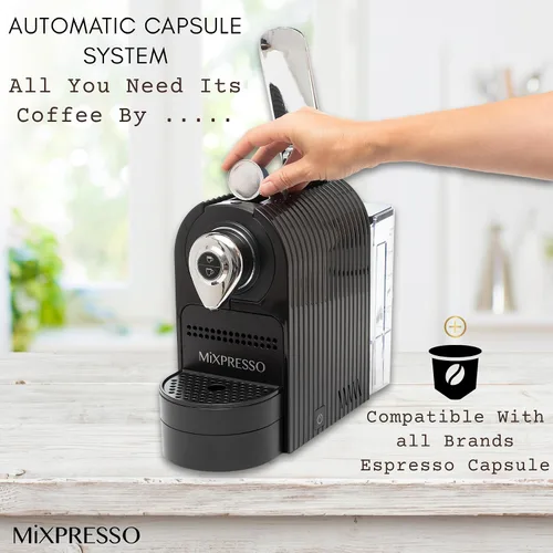 Vista 4 de Mixpresso Cafetera espresso negra – Cafetera compacta de 1400 W de una sola porción compatible con cápsulas Nespresso OriginalLine, operación con un