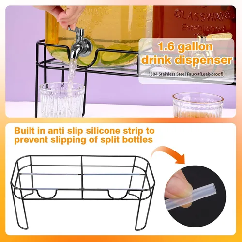 Vista 3 de Dispensador de bebidas de vidrio de 1.6 galones, 2 piezas dispensador de bebidas con soporte, dispensador de limonada con grifo de acero inoxidable