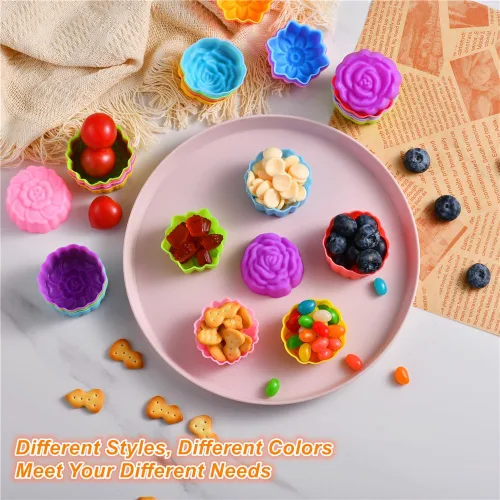Vista 4 de Vasos de silicona reutilizables para hornear, forros de silicona de tamaño mini de 2 pulgadas para hornear, forros de muffins con múltiples formas