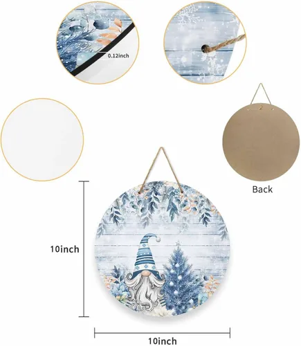 Vista 2 de Seasonal Front Door Welcome Sign, Merry Christmas Tree Gnomes Poinsettia Berry Eucalyptus Leaves Vintage Round Wood Wreaths Wall Hanging Sign for