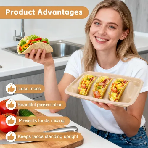 Vista 4 de 24 soportes desechables para tacos con 100 forros y 100 guantes, platos de tacos de fibra natural resistentes, bandejas de tacos de 3 compartimentos
