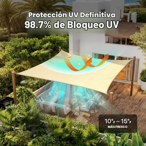 Vista 3 de ColourTree Super Ring - Vela de sombra solar rectangular beige de 8 x 12 pies, toldo UPF50 de grado comercial, esquinas y bordes reforzados, tela