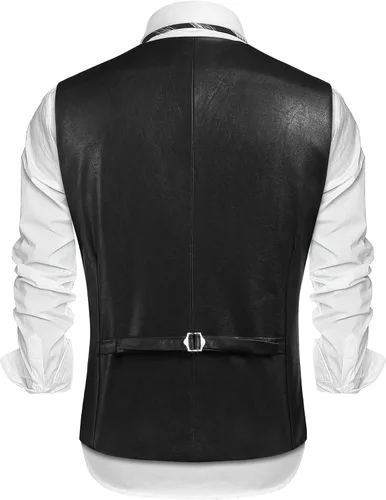Vista 4 de COOFANDY Chaleco de cuero para hombre, estilo casual, estilo occidental, ligero, con cuello en V, chaleco