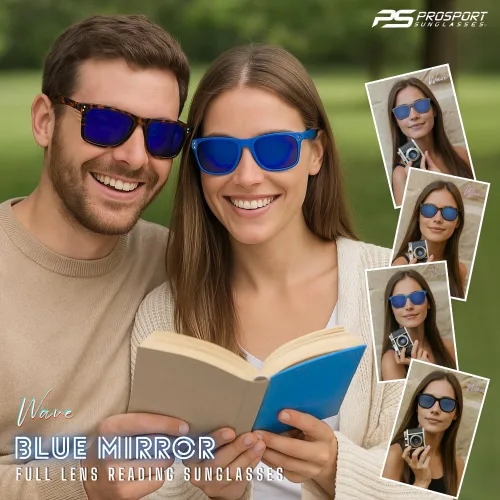 Vista 7 de proSPORT Lentes de sol de lectura para lectores con montura de cuerno con lentes de espejo azul para hombres y mujeres, no bifocales