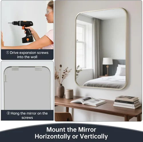 Vista 6 de Espejo de baño de níquel cepillado de 22 x 30 pulgadas para pared, espejo rectangular enmarcado con esquina redondeada, espejo de níquel cepillado