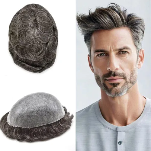 Vista 417 de Toupee para hombre 100% cabello humano real tupé para hombres 0.004 in piel de poliuretano para hombre, sistema de reemplazo de piezas de pelo