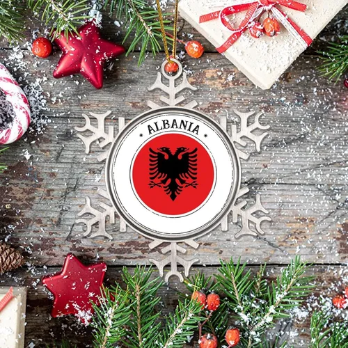 Vista 6 de Bandera de Albania, adorno de Navidad para niños, bandera nacional, silueta de Albania, decoración de árbol de Navidad, adornos de Navidad de metal