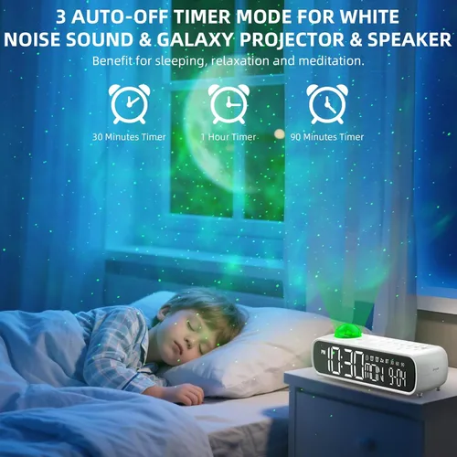 Vista 8 de Reloj despertador digital con máquina de sonido de ruido blanco para dormitorio, mesita de noche, reloj con temporizador de 30/60/90 minutos