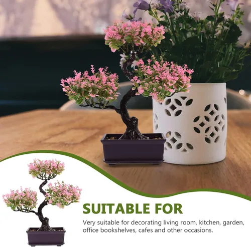 Vista 3 de Cabilock Árbol de bonsái artificial, decoración de bonsái artificial, modelo de planta verde artificial, planta en maceta para el hogar, mesa, Rosa