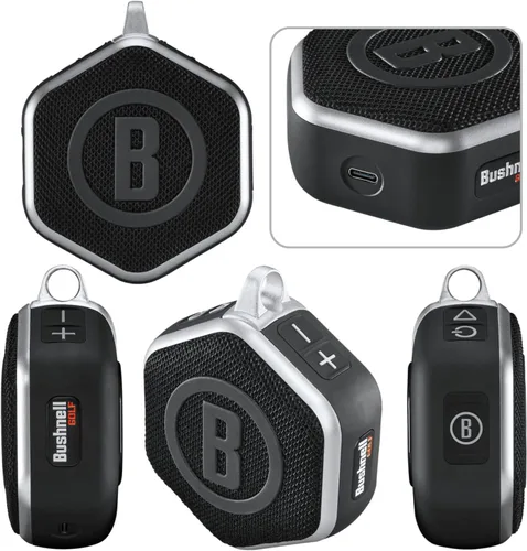 Vista 2 de Bushnell Wingman Mini Altavoz Bluetooth GPS negro/plateado con auriculares negros definitivos y cargadores de pared/coche