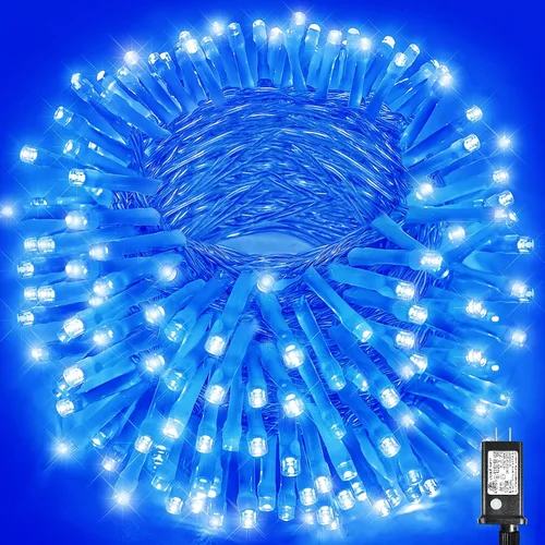 Vista 41 de Guirnalda de luces navideñas con 100 LEDs, tira de 33 pies, 8 modos, conectable, impermeable, parpadeante, con temporizador y memoria, para Azul