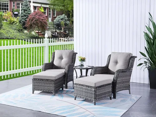 Vista 26 de HUMMUH Juego de 2 sillas de mimbre para patio, sillas de comedor de ratán de polietileno para exteriores, con cojines de asiento de 4 pulgadas
